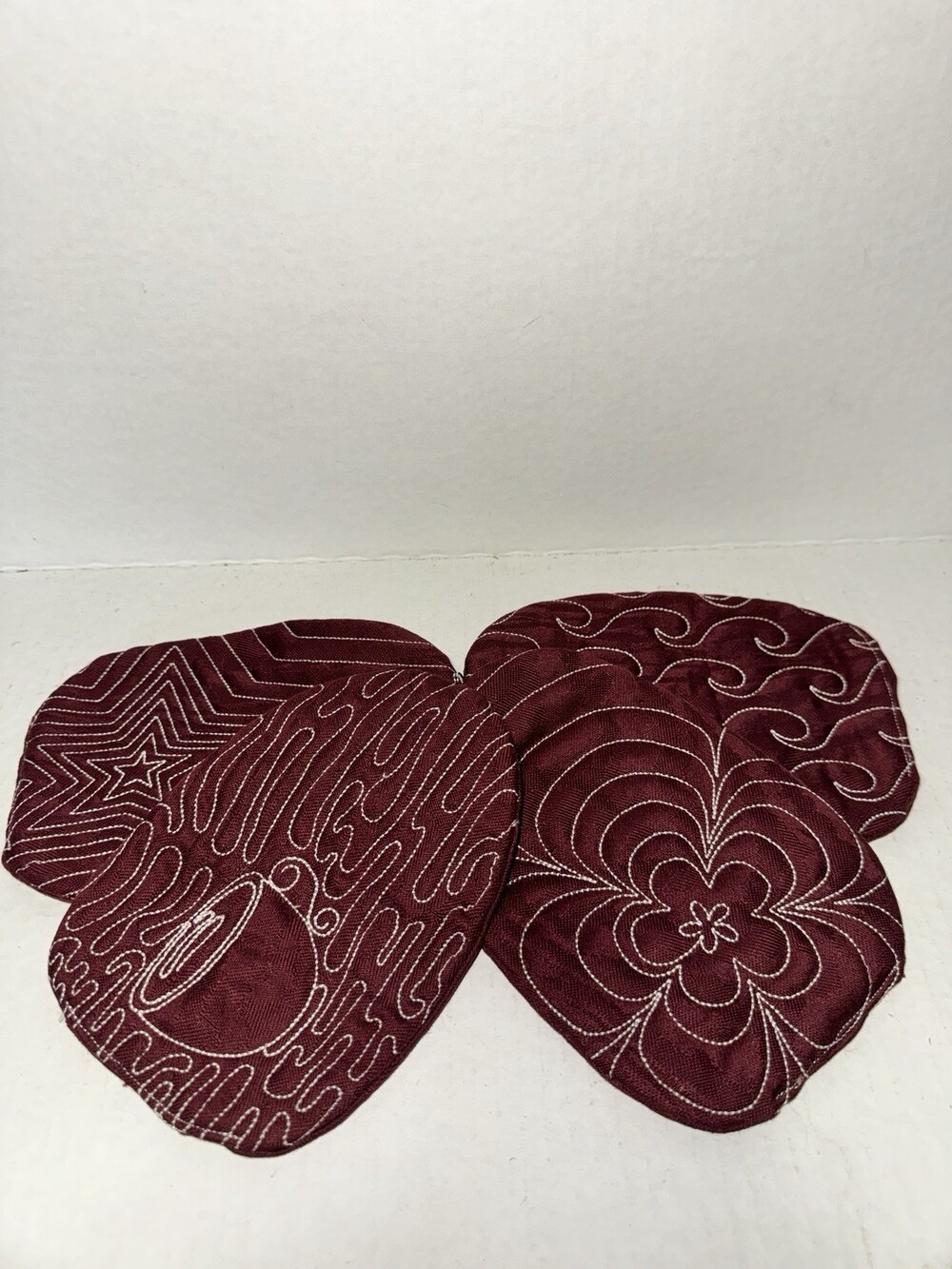 Set of 4 Handmade Quilted Mug Rugs Burgundy Embroidered Fabric Coasters 5x7